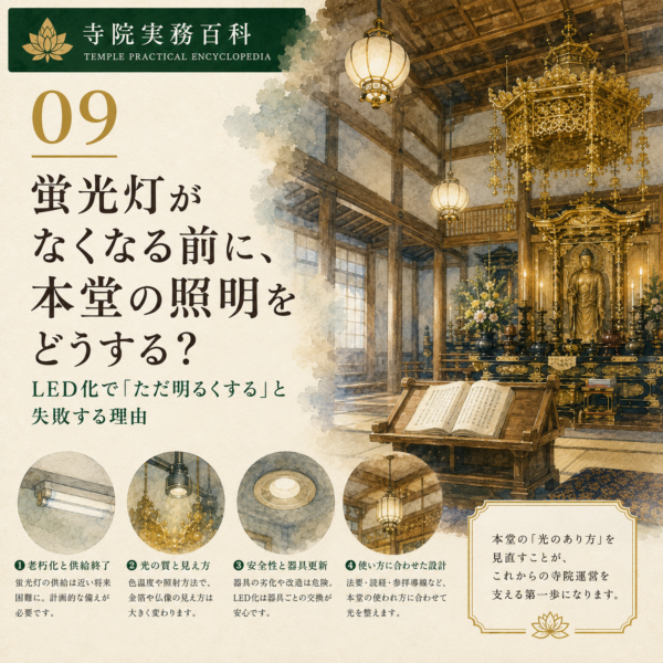 09｜蛍光灯がなくなる前に、本堂の照明をどうする？——LED化で「ただ明るくする」と失敗する理由